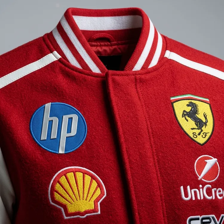 Scuderia Ferrari Monza 2026 varsity jacket close-up detail of Rosso Corsa wool, Ferrari shield, Shell and HP patches