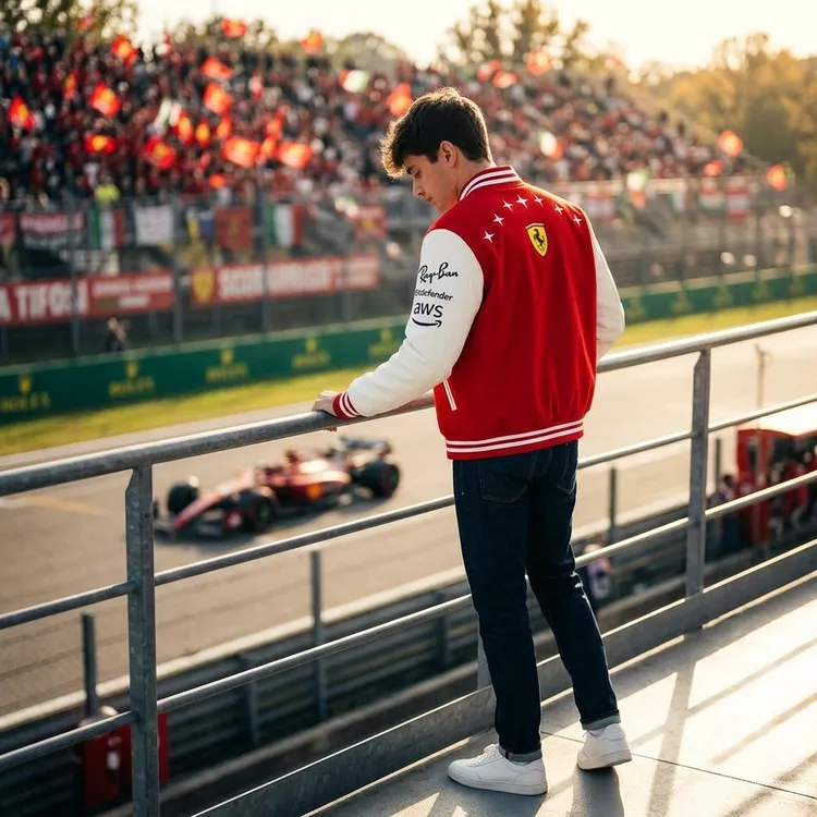Scuderia Ferrari Monza 2026 varsity jacket worn trackside at Autodromo Nazionale Monza with Tifosi crowd