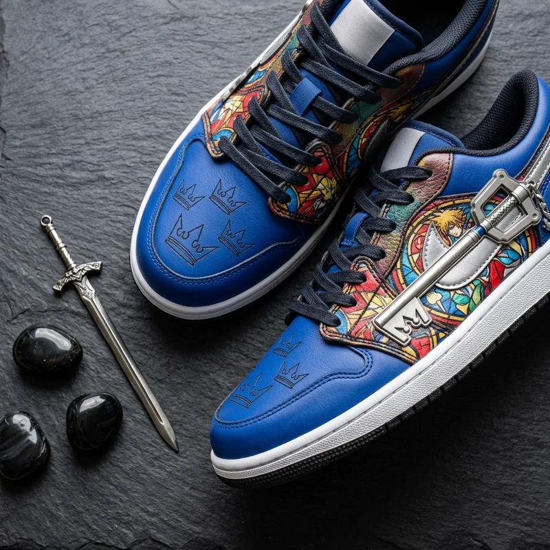 Kingdom Hearts anniversary custom Air Force 1 sneakers displayed on dark stone surface with gaming memorabilia