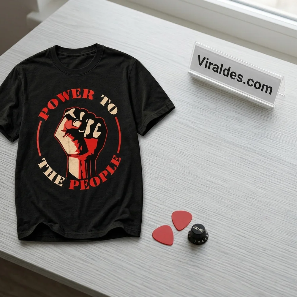 Flatlay arrangement of the black Power to the People 2026 Shirt laid flat with red guitar picks and a Viraldes.com tabletop placard