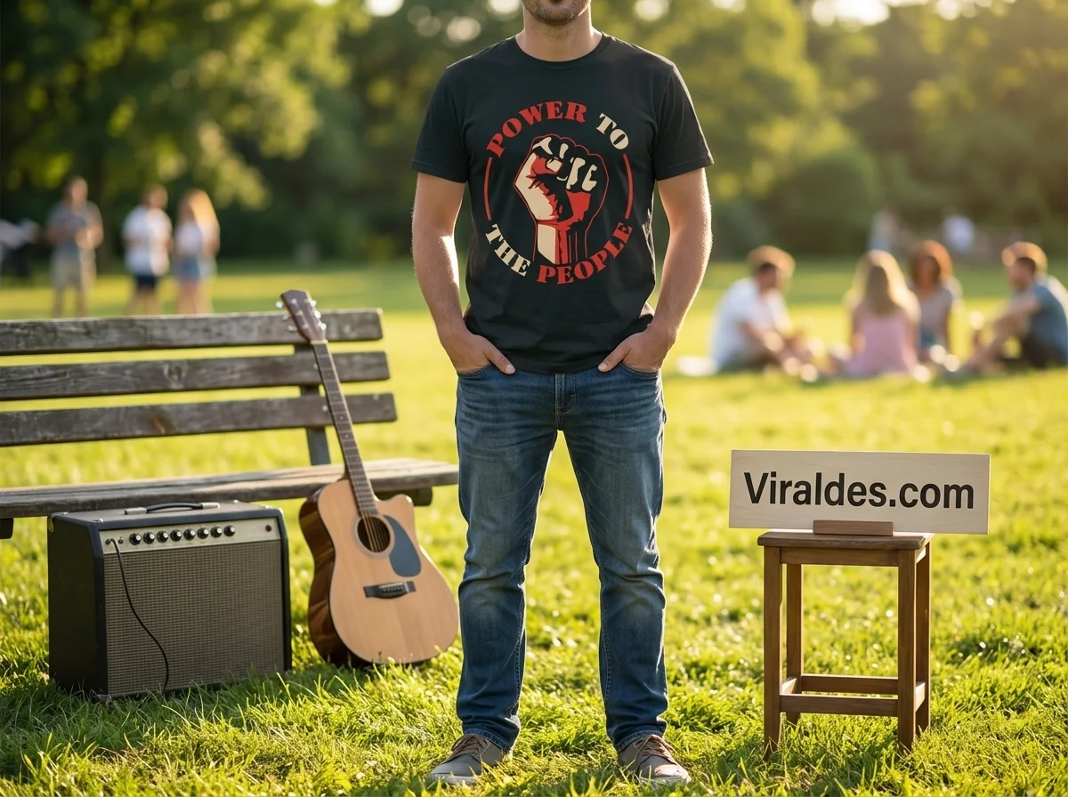 Person wearing the black Power to the People 2026 Shirt outdoors beside an acoustic guitar, amplifier, and a Viraldes.com brand sign