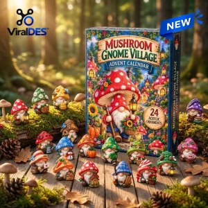 Front view of the Mushroom Gnome Village Advent Calendar box with small gnome figurines displayed on mossy wood.