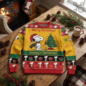 Snoopy Christmas Yellow Ugly Christmas Sweater featuring Snoopy, Woodstock, a decorated tree, and holiday patterns.