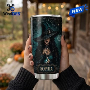 Front view of a Witches Brew Salem custom name tumbler held in hands, featuring an illustrated witch and the name Sophia.
