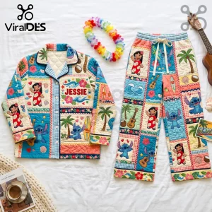 Lilo and Stitch Jessie Tropical Quilted Pajama Set featuring colorful patchwork patterns of Stitch, Lilo, and palm trees.