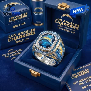 Closeup of the Los Angeles Chargers 66th Anniversary Ring displayed inside a blue presentation box.