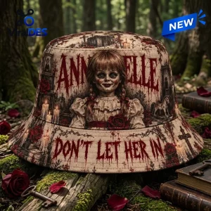 Front view of an Annabelle Horror Movie Bucket Hat with bloody text and doll graphics in a forest.