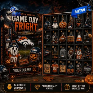 Front view of an open Denver Broncos Game Day Fright Halloween Advent Calendar with 24 numbered slots.