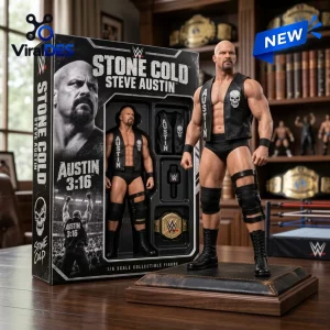 Front view of Stone Cold Steve Austin WWE action figure standing next to its collector box.