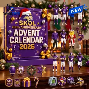 Front view of Minnesota Vikings 2026 Advent Calendar box with football figurines and holiday decorations.