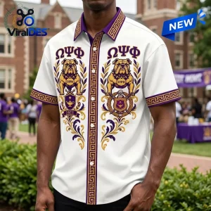 Front view of an Omega Psi Phi Fraternity Bulldog Hawaiian shirt featuring Greek letters and ornate purple gold accents.