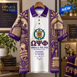 Front view of a white and purple Omega Psi Phi Fraternity polo shirt featuring Greek letters and graphic emblems.