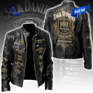Jack Daniel's 160th Anniversary Black Leather Motorcycle Jacket featuring gold embroidered logos and Lynchburg text.