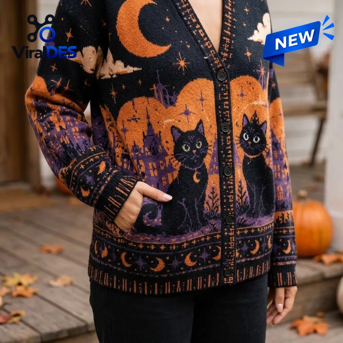 Witchcraft Theme Black Cat Knit Cardigan Witchcraft Theme Black Cat Knit Cardigan