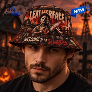Close-up of a man wearing a horror-themed bucket hat with a chainsaw graphic.