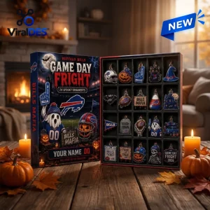 Open Buffalo Bills Game Day Fright Halloween Advent Calendar on wooden table with pumpkins.