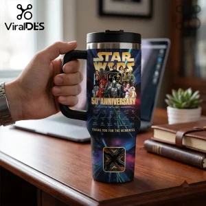 Star Wars Episode IV 50th Anniversary 40oz Tumbler with character collage, signatures, and dark space-themed graphic design.