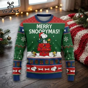 Snoopy Merry Snoopymas Green Ugly Christmas Sweater featuring Snoopy and Woodstock on a roof with festive holiday patterns.