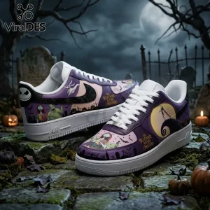 The Nightmare Before Christmas Purple Air Force 1 shoes featuring Jack Skellington, Sally, and Oogie Boogie on a graveyard.