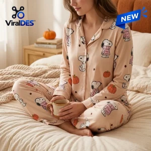 Person sitting on a bed wearing a beige Snoopy pumpkin pattern pajama set while holding a ceramic mug.