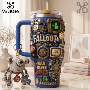 Fallout 111 Vault-Tec 40oz Stanley Tumbler featuring 3D Pip-Boy, Power Armor helmet, and Nuka Cola branding on blue steel.