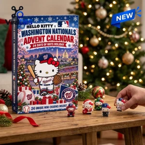 Front view of Hello Kitty x Washington Nationals Advent Calendar 2026 with mini figures on wooden table.