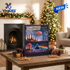 Front view of the Pink Floyd Christmas Advent Calendar 2026 on a wooden coffee table with holiday decor.