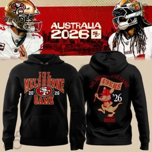 San Francisco 49ers Australia 2026 Kangaroo Mascot Hoodie featuring a red kangaroo graphic on the black fleece back panel.