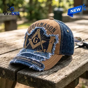Freemasonry Embroidered Denim Distressed Baseball Cap with brown panels, denim trim, and square and compass emblem.