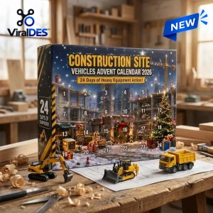 Front view of the Construction Site Vehicles Advent Calendar 2026 with toy vehicles on a workshop table.