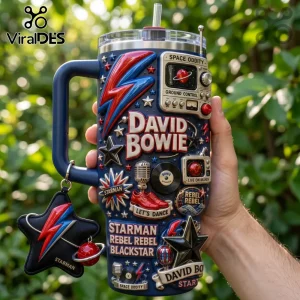 David Bowie Space Oddity 40oz Tumbler with Handle featuring 3D lightning bolts, vintage radio graphics, and star motifs.