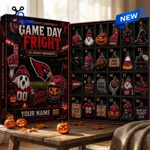 Front view of Arizona Cardinals Game Day Fright Halloween Advent Calendar open with 24 spooky ornaments.