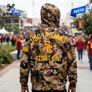 USC Trojans Camo Military Appreciation Hoodie showing yellow lettering and the Trojan logo on a brown woodland pattern.