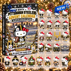 Front view of Hello Kitty x Pittsburgh Steelers advent calendar with 24 numbered mini figurines and stadium background.