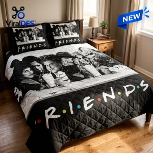 Front view of a quilt bedding set featuring monochrome horror movie characters in a café setting with classic text branding.