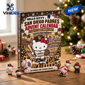 Front view of Hello Kitty x San Diego Padres Advent Calendar box with miniature collectible figurines.