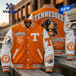 Front and back view of the orange and white Tennessee Volunteers baseball bomber jacket with mascot patches.