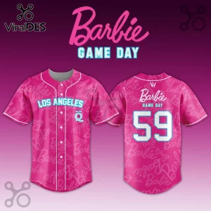 Los Angeles Queens x Barbie Game Day Baseball Jersey with pink Barbie logo pattern, Los Angeles text, and number 59.