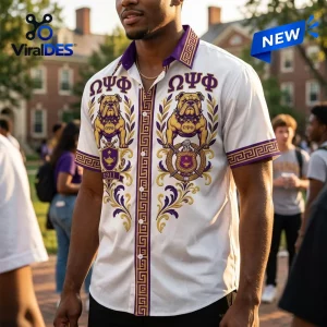 Front view of an Omega Psi Phi Fraternity Bulldog Hawaiian shirt featuring Greek letters and ornate purple gold graphics.