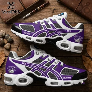 Texas Christian University Personalized Air Max Sneakers in purple and white with TCU logo and custom name placement.