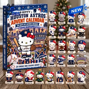 Front view of Hello Kitty x Houston Astros 2026 Advent Calendar box beside twenty-four miniature character figures.
