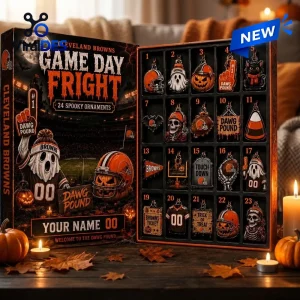 Front view of Cleveland Browns Game Day Fright Halloween Advent Calendar open with twenty-four spooky ornaments.