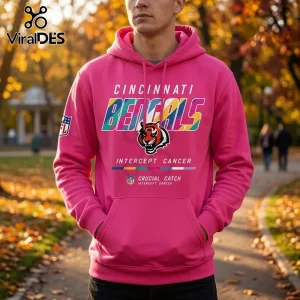 Cincinnati Bengals NFL Crucial Catch pink pullover hoodie with team logo and cancer awareness graphics on front.