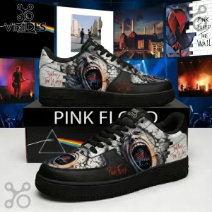 Pink Floyd The Wall Air Force 1 Sneakers featuring screaming face graphic, brick pattern, and black leather base on box.