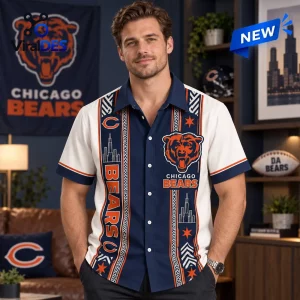 Man wearing a Chicago Bears Skyline Button Down Hawaiian Shirt featuring team logos and city graphics, front view.