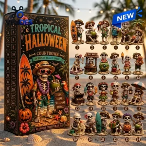 Front view of Tropical Halloween 2026 Skeleton Advent Calendar with 24 beach-themed figures.