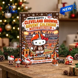 Front view of Hello Kitty x Cleveland Browns advent calendar box with surrounding holiday decor and mini figures.