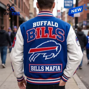 Back view of the NFL Buffalo Bills Football Varsity Baseball Jacket with team graphics.