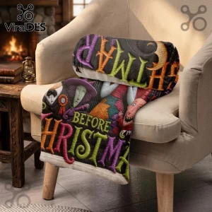Nightmare Before Christmas Personalized Blanket featuring movie characters like Jack Skellington and Sally on soft fabric.