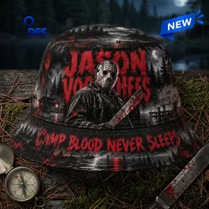 Front view of Jason Voorhees Camp Crystal Lake bucket hat featuring red text and a hockey mask graphic.